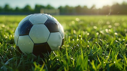 Fototapeta premium Europe EM 2024 Football Soccer ball on green grass with light motion tripling. Playing the football on european championship cup.