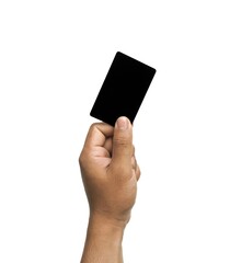 A man's hand makes a gesture of holding a black card. or gray business card Some types of documents, identity card or passport, isolated on white background.	