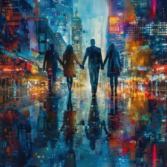 Abstract business people in silhouette, each holding hands and exchanging ideas, urban setting with skyscrapers, the color scheme uses shades of blue.