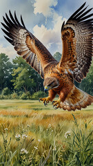 Watercolor painting: A red-tailed hawk circling above a meadow, its keen eyesight and swift flight ensuring its success as a hunter.