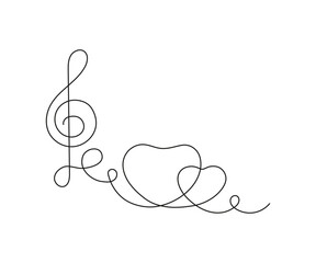Music note in form heart and treble clef, continuous one art line drawing. Music is love concept. Hand drawn doodle sketch. Vector illustration