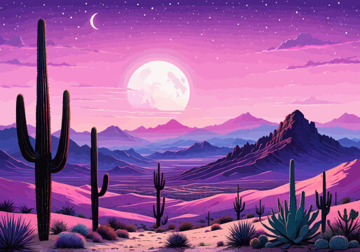 a painting of a desert scene with a full moon