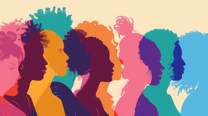 Colorful silhouettes of a diverse and multicultural community. Illustration of a multi-ethnic group of people, crowded people