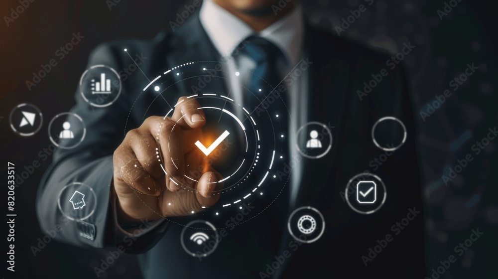 Poster A businessman is interacting with a futuristic digital interface, featuring data and analytics icons. The image symbolizes technology, innovation, and digital transformation in the business world