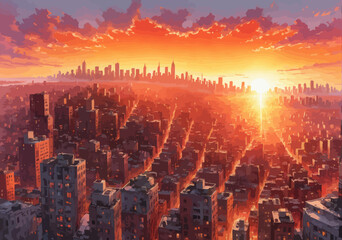 a painting of a sunset over a city