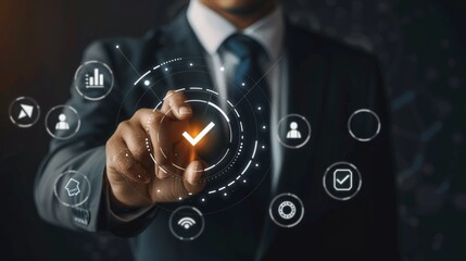 A businessman is interacting with a futuristic digital interface, featuring data and analytics icons. The image symbolizes technology, innovation, and digital transformation in the business world