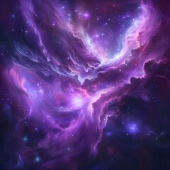 Fototapeta premium A breathtaking purple nebula swirling around a cluster of bright stars, with vibrant hues and intricate gas clouds filling the cosmic scene. Created using generative AI.