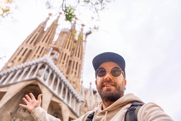 Selfie of a tourist at the Sagrada Familia Basilica in Barcelona, Spain