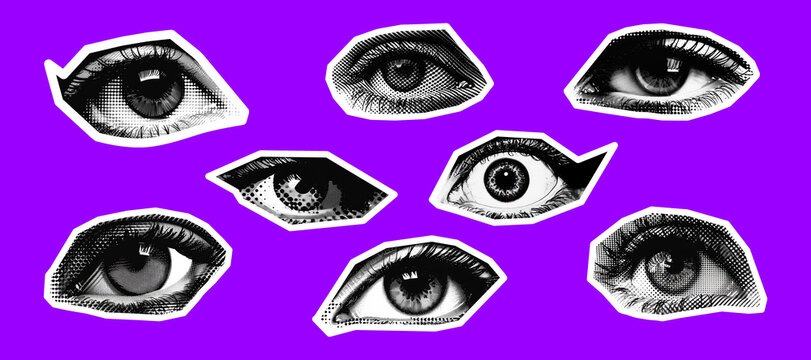 Eyes collage element set. Punk y2k collage elements. Retro magazine clipping. Beautiful female eyes collage element. Eyes halftone. Generative AI