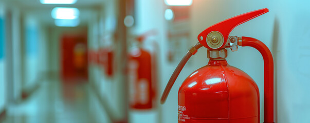 Close-Up of Fire Extinguisher in Hospital Corridor for Safety