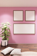 3d render of plant and frame mock up on pink wall backdrop. Wood parquet floor and white ceiling. Set 16
