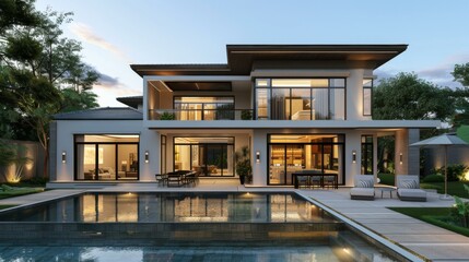 Fototapeta premium Modern Minimalist Villa with Swimming Pool and Garden