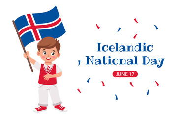 Icelandic National Day. Banner with cute little boy with Icelandic flag in hand. Vector