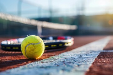 Tennis Ball and Racket on Court in Sunlight - Sports Equipment for Recreation and Competition