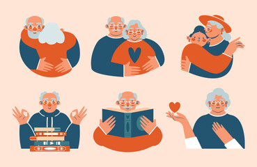 Fototapeta premium Day of Older Persons. Collection of cute illustrations of older men and women, who holding heart, book, couple of grandfather, grandmother, granddaughter who hugging. Care, support for pensioners.