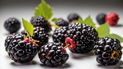 A pile of blackberries and red raspberries on white background