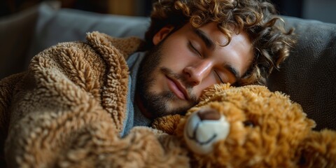 Man resting in bed, looking for sleep, covered with a blanket and with a teddy bear