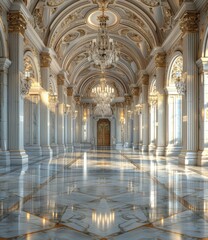 Fototapeta premium Grand Hallway Interior With Golden Detailing And Chandeliers