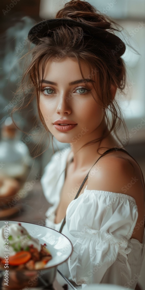 Poster Beautiful Woman With Green Eyes and a Plate of Food Looking at Camera