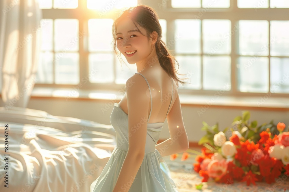 Poster Beautiful Asian Woman Wearing Blue Dress in Sunlight