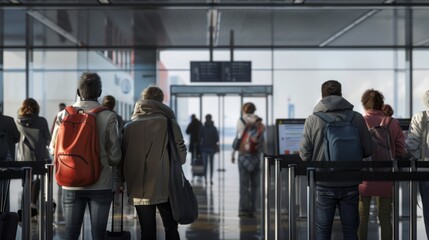 Individuals are seen from behind, waiting in line at an airport terminal
