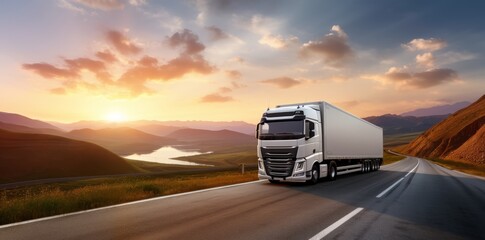 Overtaking trucks on an asphalt road in a rural landscape at sunset