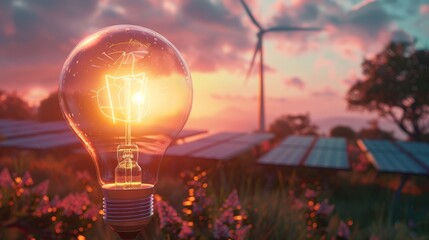 Lightbulb with Solar Panel and Wind Turbine in Background - ESG, Renewable Clean Energy, and Green Energy Concept - Generative AI