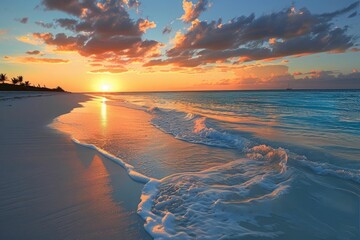 Amazing sunset at tropical beach with white sand and turquoise ocean water.