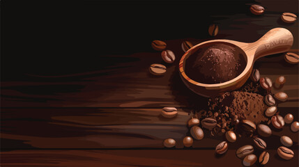 Scoop of coffee powder and beans on dark wooden background