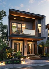 Modern Two-Story House with Balcony and Courtyard