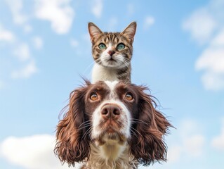 A cute cat sits on a dog's head, both looking forward, with a bright blue sky and clouds in the background.