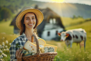 Middle age handsome woman holding basket with different cheeses products, modern farm house, green grass and cow on background