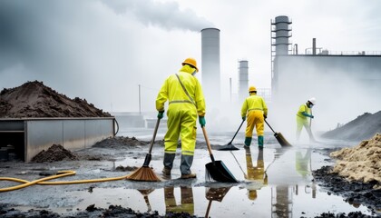 A team in high-visibility clothing diligently cleans an industrial site, with smokestacks emitting in the background.. AI Generation