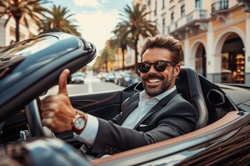 Successful businessman in suit driving luxury car, smiling and giving thumbs up, close up view - Powered by Adobe