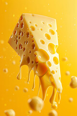 Perfect triangular piece of Maasdam cheese floats in the air, dripping liquid cheese