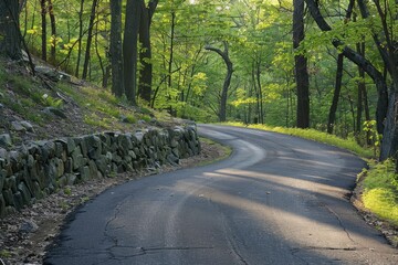 Fototapeta premium Curved Asphalt Road Between Rock Wall and Trees