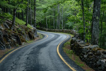 Obraz premium Curved Asphalt Road Between Rock Wall and Trees