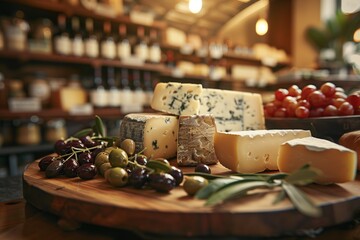 Assortment of artisanal cheeses on rustic wooden board soft brie, maasdam and aged cheddar; olive berries, olive leaves, shelves with head of cheese on background