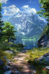 Beautiful Mountain Lake Scenery Illustration