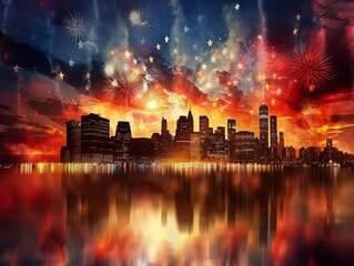 The photo shows a beautiful cityscape with fireworks. The sky is ablaze with color and the city is reflected in the water.