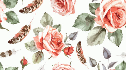 Seamless pattern of rose flower and feather with wate