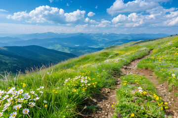 Scenic mountain trail with panoramic views of lush green hills - Powered by Adobe