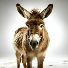 Portrait of a donkey on a white background in the studio.