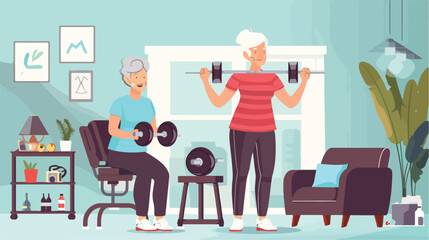 Senior woman with dumbbells and caregiver at home vector