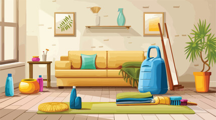 Set of cleaning supplies on floor in room Vector illustration