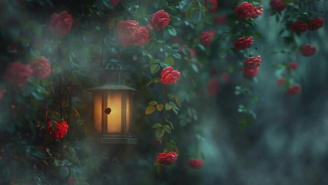 A glowing lantern in roses in the night
