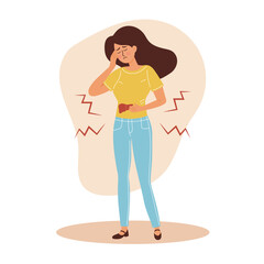 Sad woman suffer from liver problems. Girl feeling pain of the right side of abdomen. Healthcare and medicine. Liver cirrhosis, liver cancer.