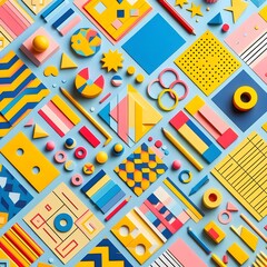 AI Generate of Background texture of Fashion Papers in Memphis Geometry Style. Yellow, blue, light blue, red and pastel pink colors. Top view, flat lay.