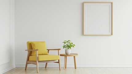 Frame mockup. Home interior with light yellow chair and mini table, wall poster frame. 3D render