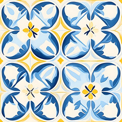 Fototapeta premium Watercolor yellow, blue and white floral geometric tile seamless pattern
